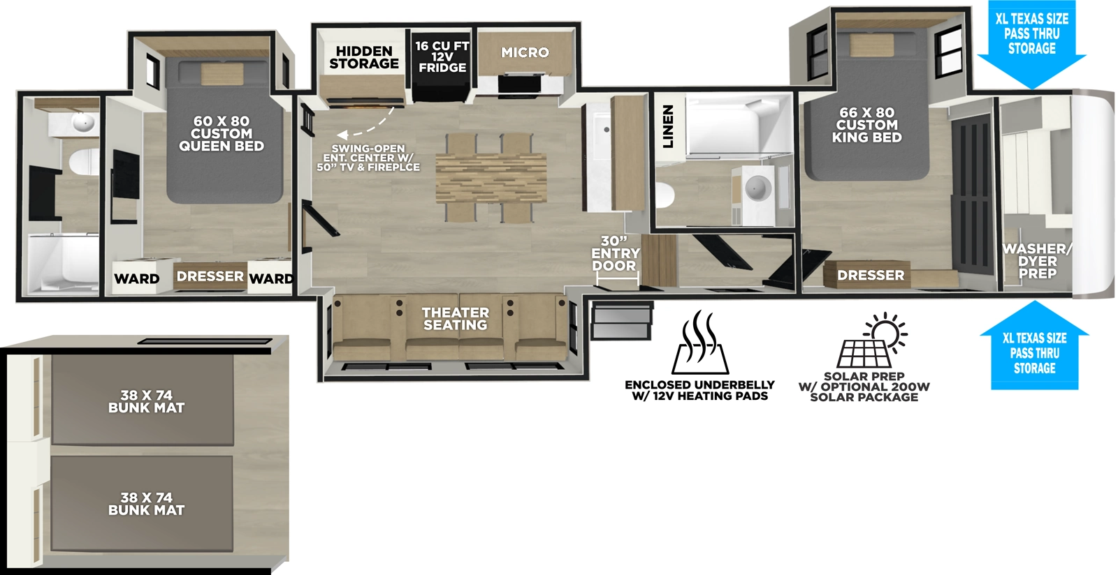 The Hemisphere Fifth Wheels 376FAM floorplan has two entries and four slide outs. Exterior features include: fiberglass exterior. Interiors features include: loft, kitchen island, front bedroom, two bedrooms, rear bathroom and two full bathrooms.
